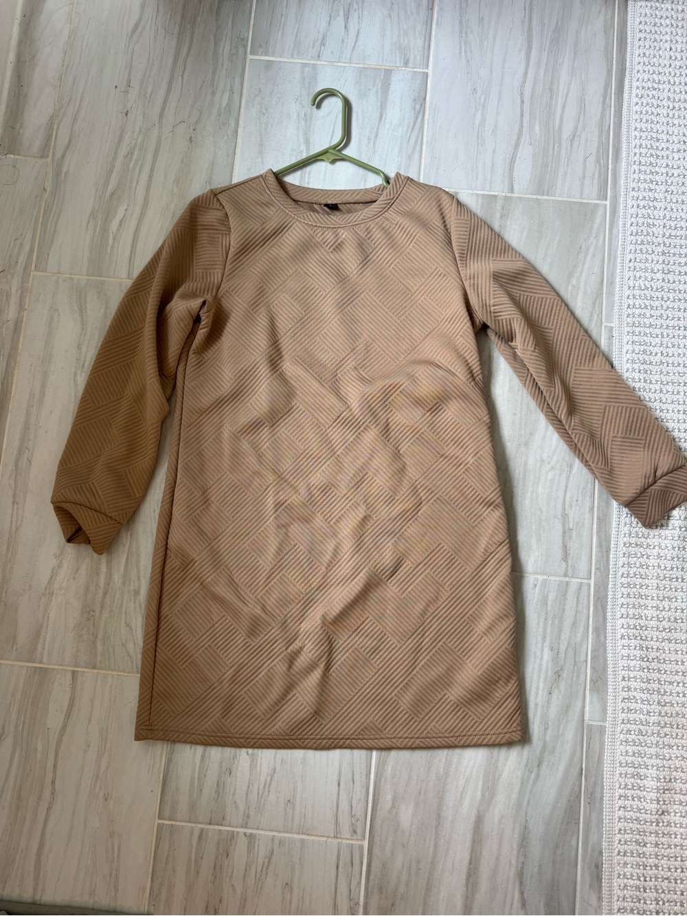Long Sleeve Textured Shift Dress in Camel